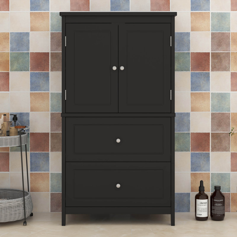 Wide Bathroom Storage Cabinet, Freestanding Bathroom Storage With Two Doors And Drawers, Adjustable Shelf, Black