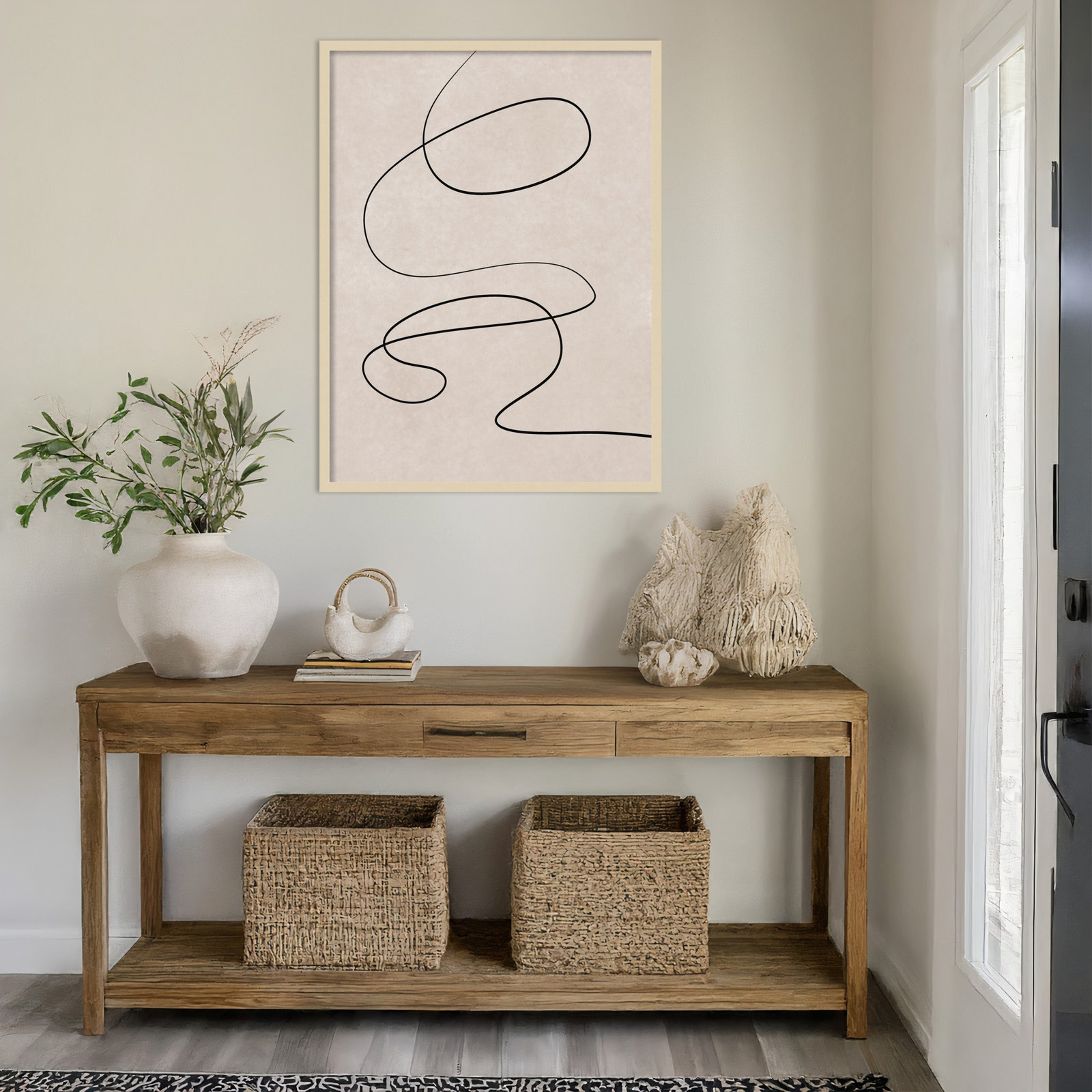 Black Line and Textured Beige Print, 41" H x 31" W, Brown