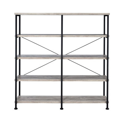 Open Bookcase With 4 Shelves In Grey Driftwood And Black Metal For Game Room Display 4-Shelf Crossbar Supports