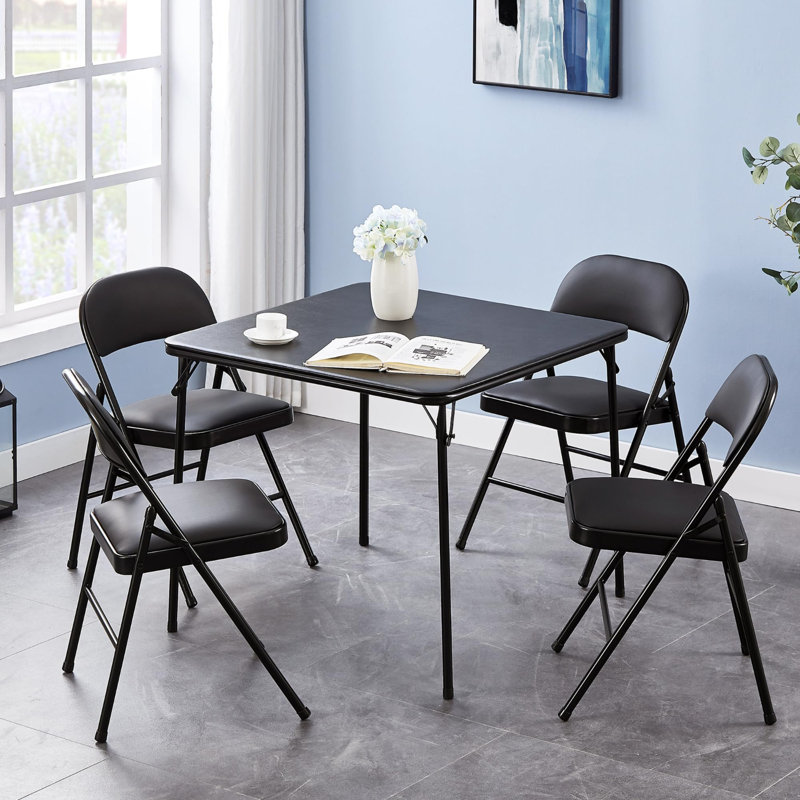 Folding Card Table And Chair Set Of 5 Portable With Padded Tabletop, No Assembly Required, Black