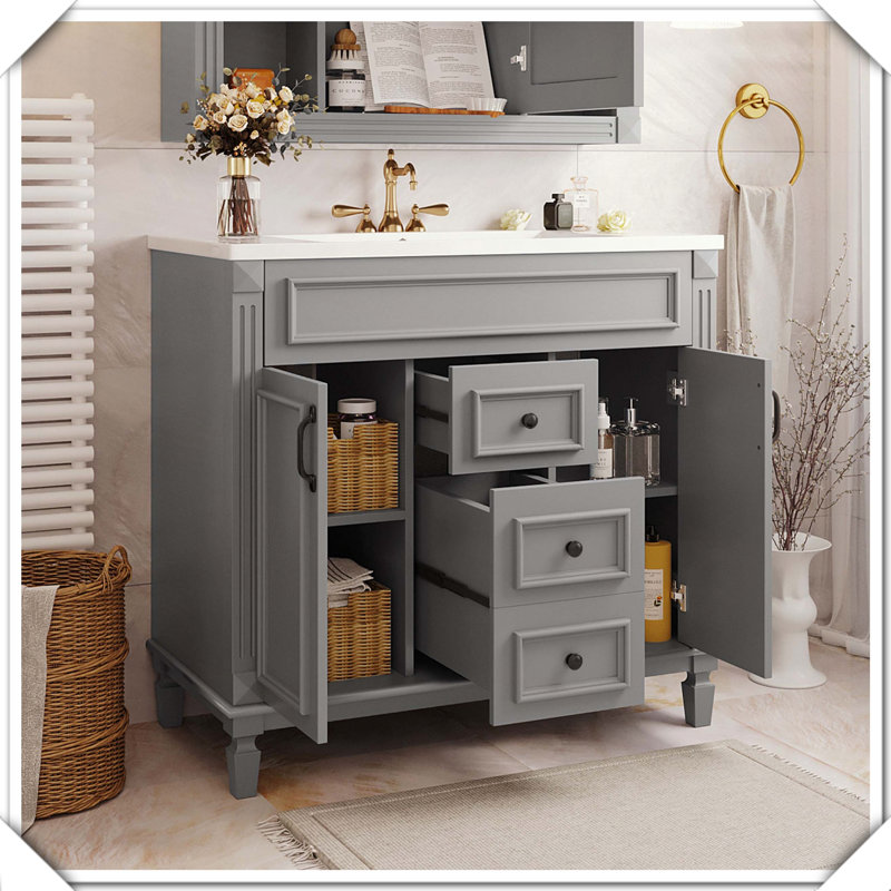 Meuble-lavabo moderne avec lavabo supérieur à fermeture en douceur, Gris