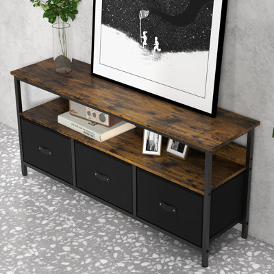 Commode télé 47,2 pouces avec 3 tiroirs en tissu, petit centre de divertissement avec compartiment ouvert, console média en métal pour le salon, la chambre à coucher, palette de couleurs rétro noir