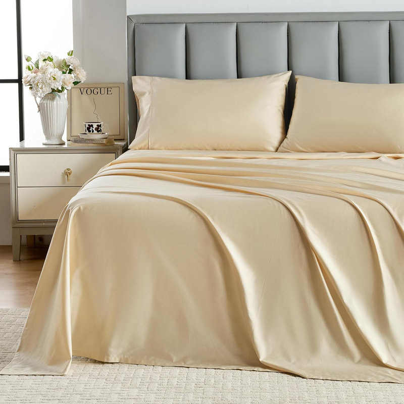 Ensemble de draps 100% coton 400 fils, Ensemble de draps pour grand lit avec 2 taies d'or, Beige
