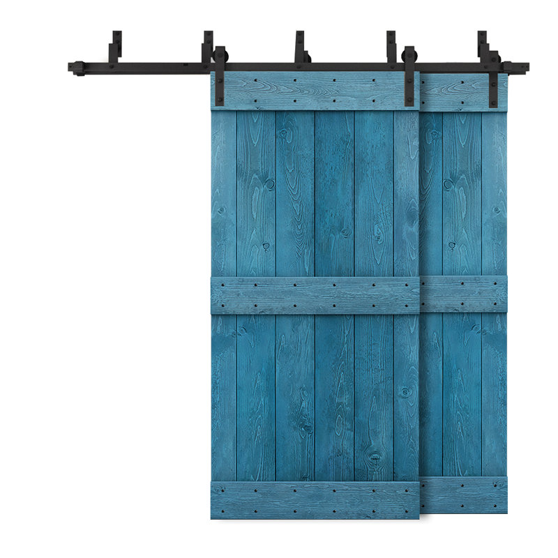 Ensemble de quincaillerie d'installation de porte de grange en bois lambrissé et en métal peint, Noir mat, Bleu océan