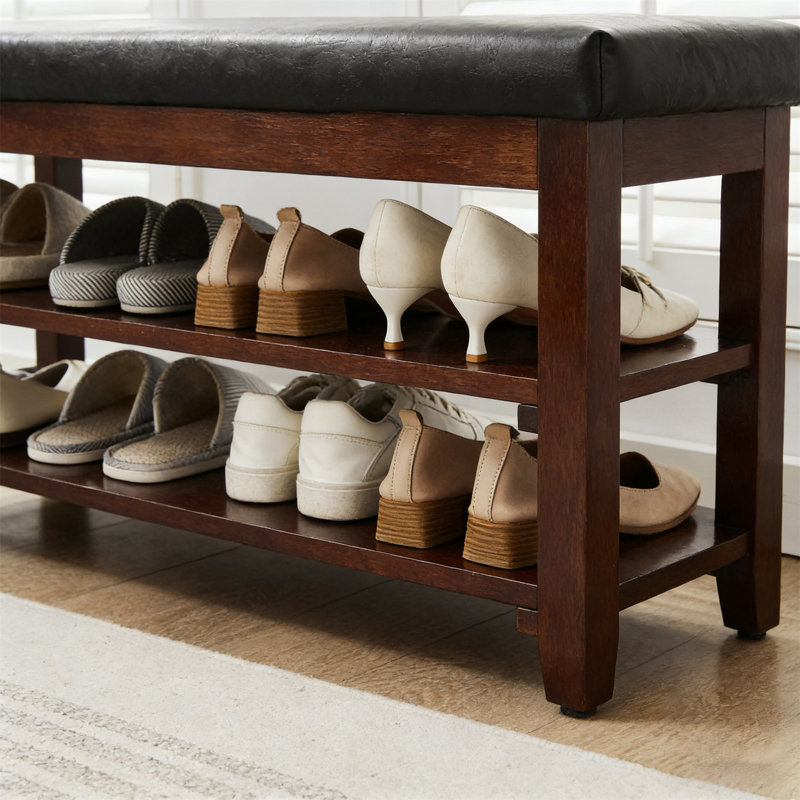 Multi-Purpose Entryway Bench With Cushion & 2-Tier Shoe Storage, Brown/Black