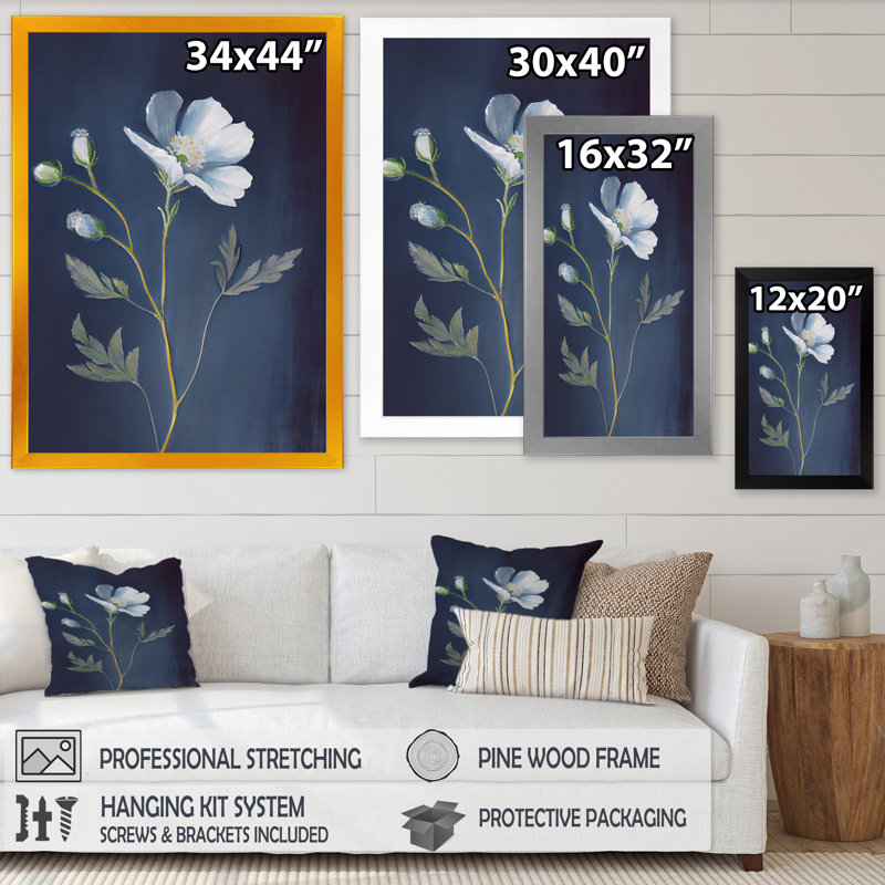 «Simple White Blooming Wildflower on Retro Blue III», reproduction sur toile, Cadre photo noir, H 20 po x l 12 po x P 1 po