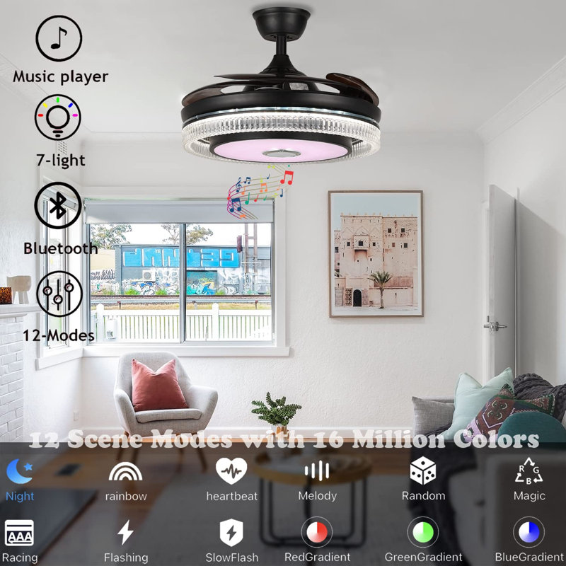 Smart Bluetooth Ceiling Fan With Dimmable Rgb Light And Music Speaker