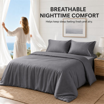Ensemble de literie 4 pièces en bambou gris foncé, ensemble de draps doux grand format avec housse de couette, drap plat, drap-housse et taies d'oreiller pour le décor de la chambre à coucher