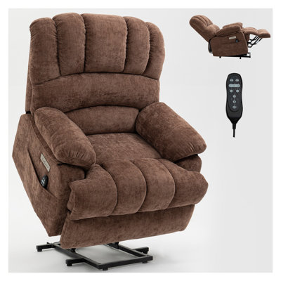 Oversized Power Lift Recliner Chair - 23" Seat Width High Back Chenille Massage Recliner with 8-Point Vibration and Lumbar Heating, Brown
