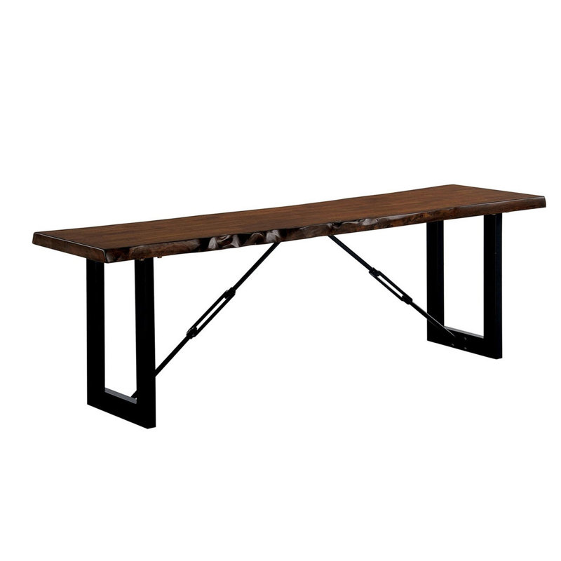 Banc de style industriel 1Pc avec conception à deux tons, base en métal en U, finition noyer, bois massif et placage pour les sièges de salle à manger