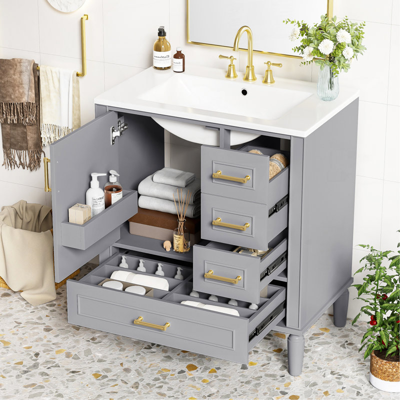 Meuble-lavabo de 30 po avec lavabo en céramique, porte à fermeture en douceur avec tablette intégrée, tiroir profond, tiroir standard, grand tiroir diviseur, grande armoire de rangement pour la salle de bain, design moderne et fonctionnel