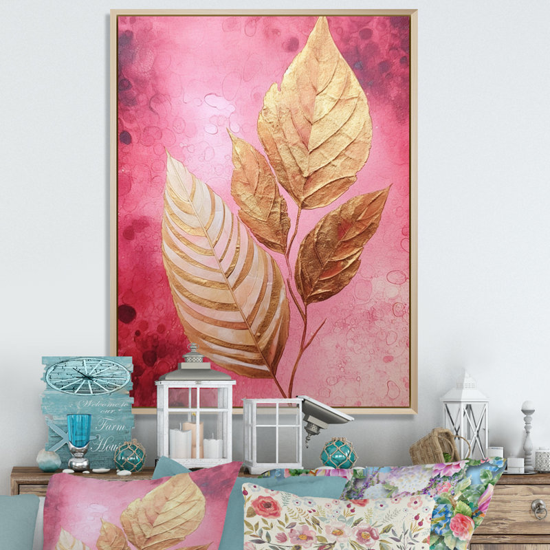 Art mural sur toile botanique, impression de feuille d'or rose - Harmonie des feuilles d'or rose I, Cadre naturel flottant