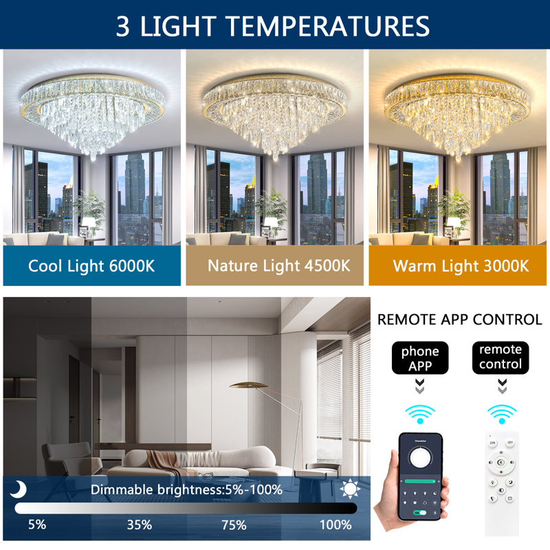 Crystal Chandeliers Led Dimmable Ceiling Light, Gold