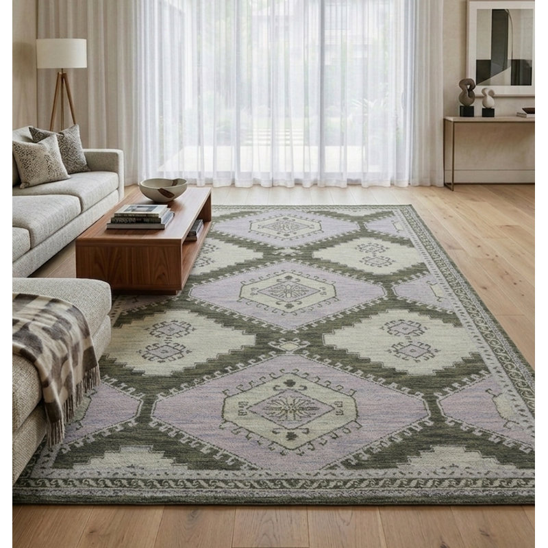Tapis d'intérieur oriental en laine vert pâle tissé à la main, Rectangle 9 pi x 12 pi