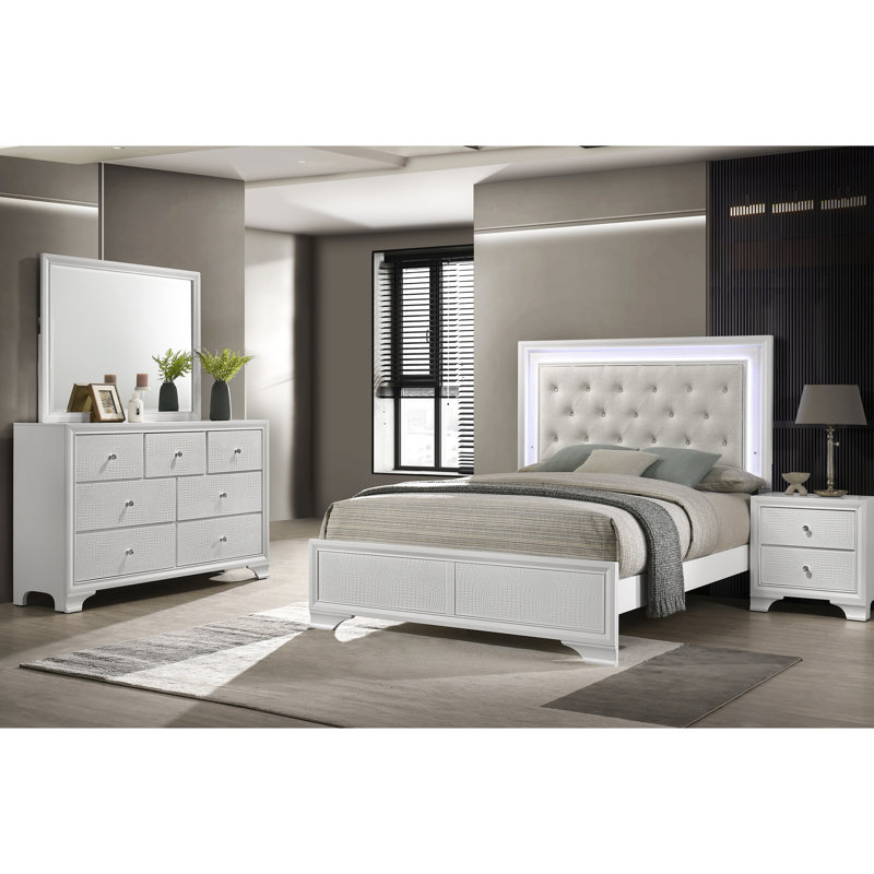 Lit à panneau double moderne pour chambre à coucher, tête de lit tapissier avec DEL intégrée, bouton, motif texturé, finition givrée et avoine