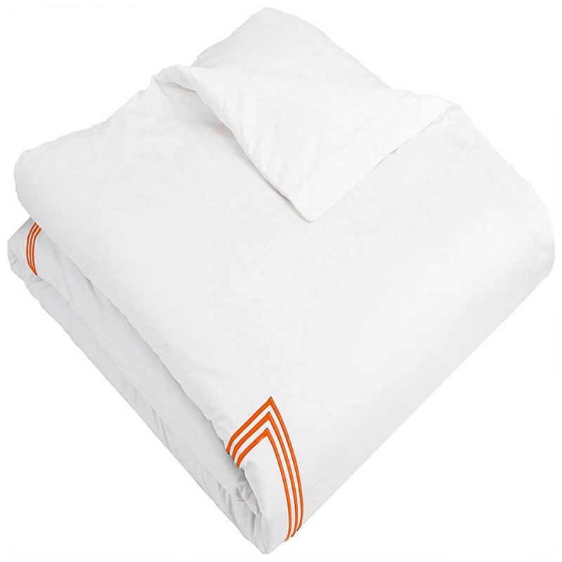 400TC Cotton Triple Embroidery Sateen Solid Duvet Cover Set, California King/King Duvet Cover, White/Orange