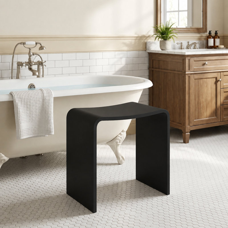 Solid Surface Shower Bench Stool Matte Black, Black