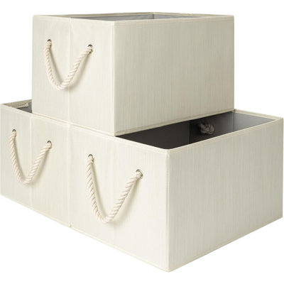 3-Pack Extra-Large Foldable Fabric Storage Bins With Handles, Beige, White & Ivory, Closet And Shelf Organizer Baskets For Clothes And Home Storage
