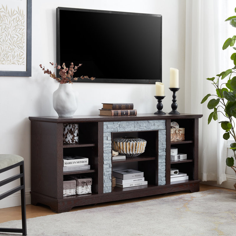 TV Media Stand With Faux Stacked Stone Surround, Modern Entertainment Console, Cherry