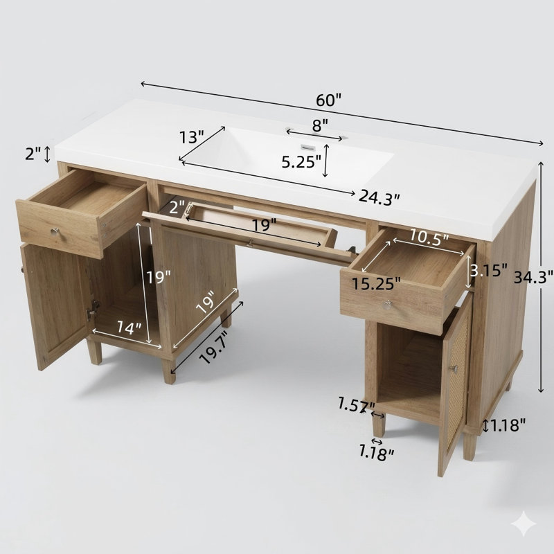 Meuble-lavabo de 60 po avec lavabo SMC, armoire de rangement spacieuse moderne avec tiroirs à fermeture en douceur et plateau basculant, pieds en bois massif et poignées en métal argenté, finition de couleur bois