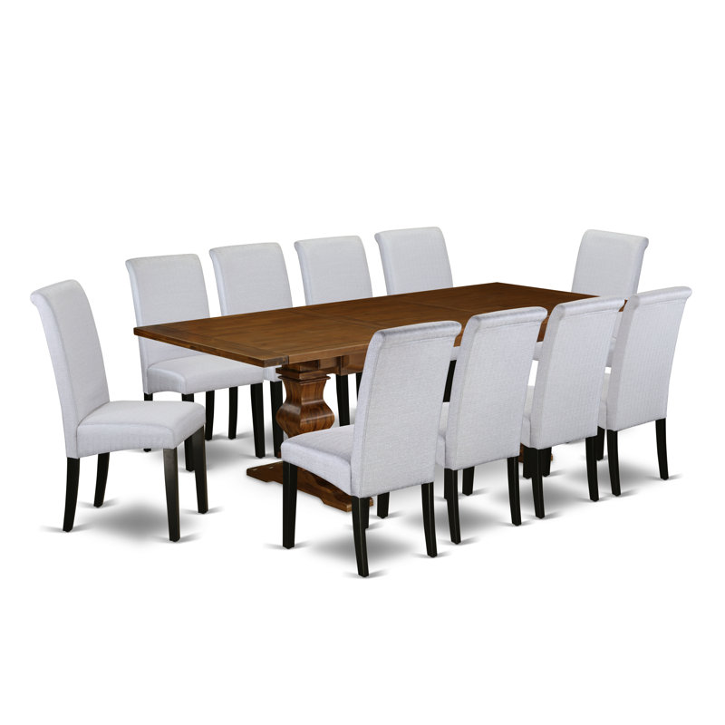 11 Piece Dining Table Set Includes a Rectangle Dining Room Table with Removable Leaf and 10 Grey Linen Fabric Parsons Chairs, Walnut