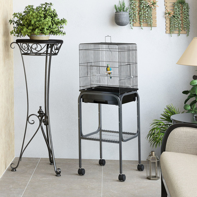 Cage à oiseaux en métal noir pour perroquets - Volière spacieuse avec support amovible, espace de rangement et perchoirs - Zone de plaisir alimentaire pour perroquets de 114 cm