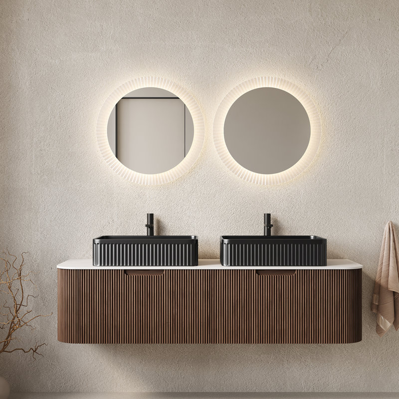 Meuble-lavabo 60 po avec lavabos, meuble de rangement mural à bords arrondis avec 2 tiroirs, 2 lavabos rectangulaires en céramique noirs, sans robinet