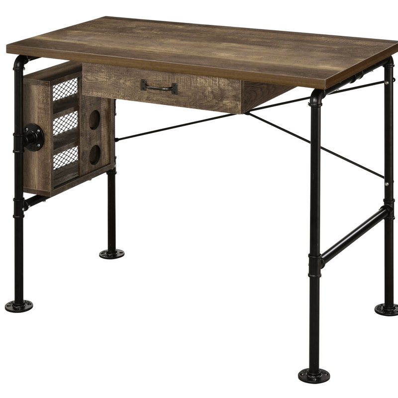Ample bureau de travail en chêne patiné et noir avec tiroir de rangement pour ordinateur