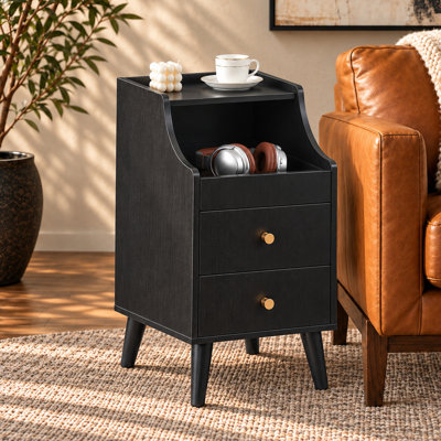 Analiesa 11.8"W Mid-Century Modern End Table with 2 Drawers and Open Shelf, Narrow Side Table and Nightstand, Wooden Side Table for Living Room & Bedroom