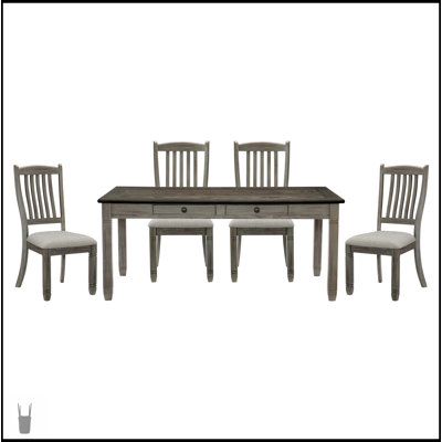 Ensemble de salle à manger 5 pièces gris antique et fini café avec 6 tiroirs et 4 chaises rembourrées, parfait pour les repas décontractés de style champêtre