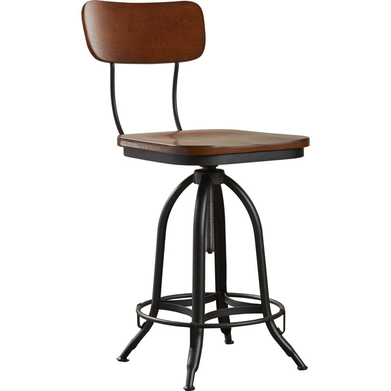 Modern Brown 18.5" x 16.25" x 38.25" Adjustable Swivel Barstool with Curved Back, Black/Chestnut