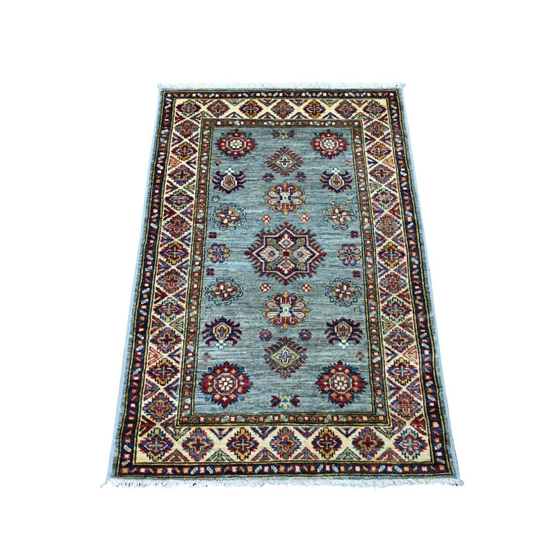 Gris pur brumeux 2 pi 7 po x 3 pi 10 po, super Kazak afghan avec motifs géométriques, noué à la main, colorants végétaux, échantillon, tapis, tapis oriental