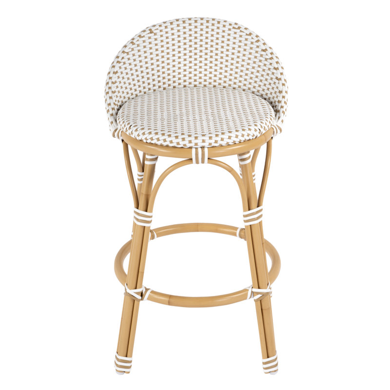 Tobias Outdoor Rattan and Metal Low Back Counter stool, White/Beige