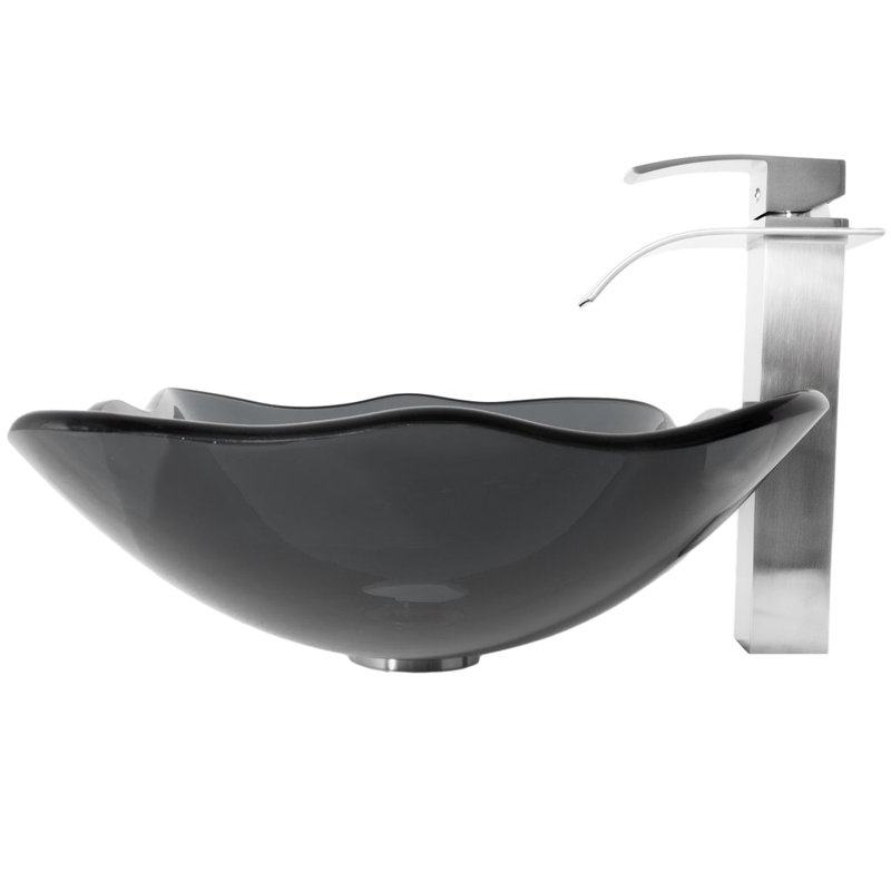 Novatto 15'' Glass Bathroom Sink with Faucet, Black, Brushed Nickel