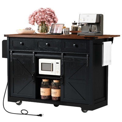 54.35'' Kitchen Island With 2 Sliding Barn Doors, 3 Drawers, Power Outlet, 5 Universal Wheels And Adjustable Shelves For 53.7" Medium Width Rectangular 47w Drop Leaf, Outlet Dining Room Storage