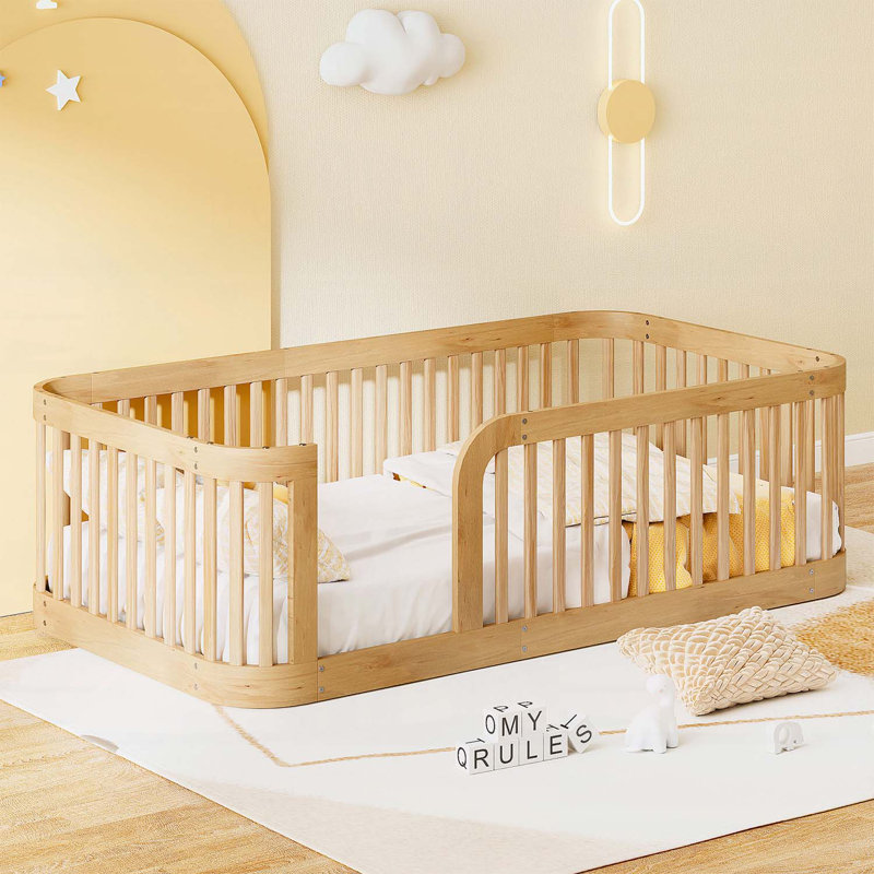 Wood Floor Bed with Fence,Ideal for Creative Play Spaces,Sturdy and Safe Design, Natural, Twin