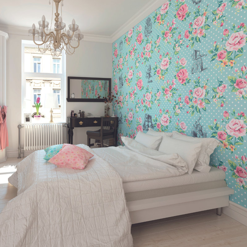 Alice In Wonderland English Rose Print - Blue Wall Mural, 280cm L x 350cm W