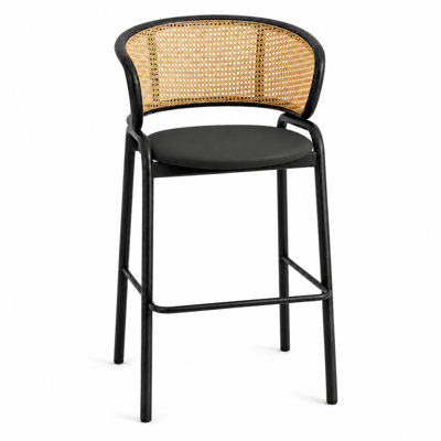 Daishun PU Leather Counter Height Bar Stool, Modern Wicker Low-Back Kitchen Island Chair, Luxury Matte Black Stainless Steel Frame Barstool with Footrest