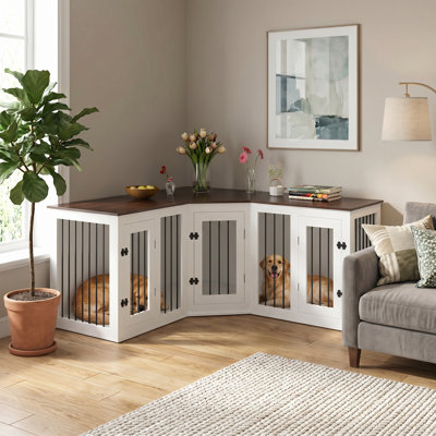 Grand meuble d'angle pour cage pour 3 chiens, chenil en bois et meuble télé pour 3 chiens avec portes verrouillables pour petits et grands chiens