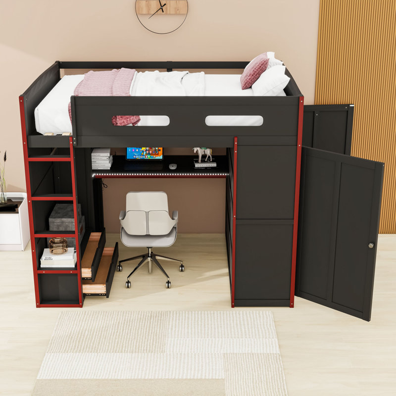 Lit mezzanine double en bois avec bureau, bande lumineuse, port USB et 2 tiroirs, Rouge