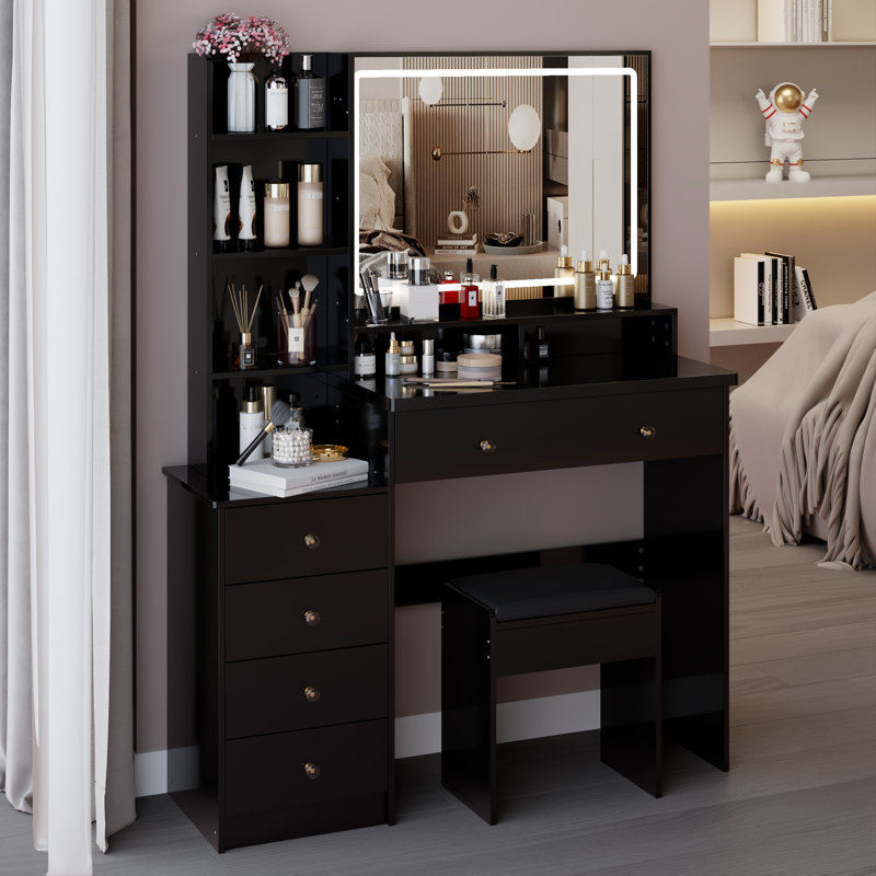 Reno Makeup Vanity with Adjustable LED Mirror, Stool & Spacious Storage, Black