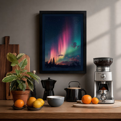 Aurora Over Forest Scandinavian - Framed Print
