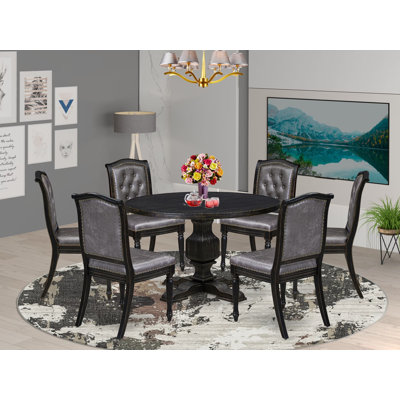 Cet ensemble de salle à manger moderne 7 pièces se compose d'une table ronde et de 6 chaises en polyester gris foncé à haut dossier avec une finition noire sablée.