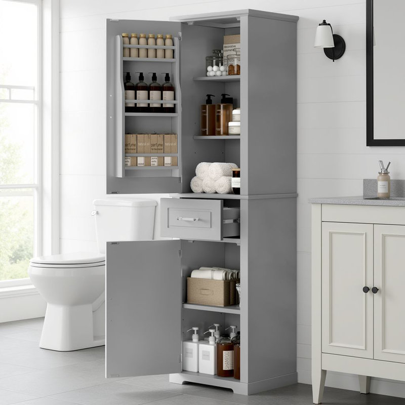 Modern Tall Bathroom Cabinet, 72"H Freestanding Storage Tower With Door Shelves, Drawer & Adjustable Shelves, Gray