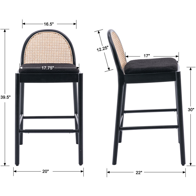 Tabourets de bar modernes avec tabourets de bar rembourrés avec dossier en rotin et pieds en bois, Noir, noir, noir, noir