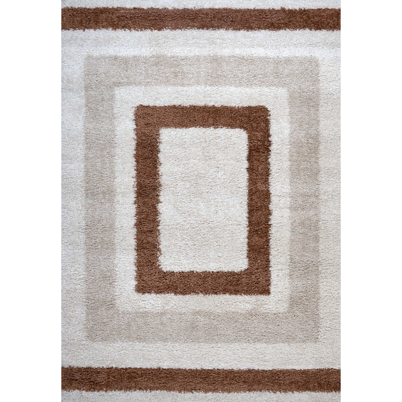 Moodi Modern Shaggy Area Rug Geometric Border Design, Rectangle 80 x 150 cm, Off-White Beige/Terra