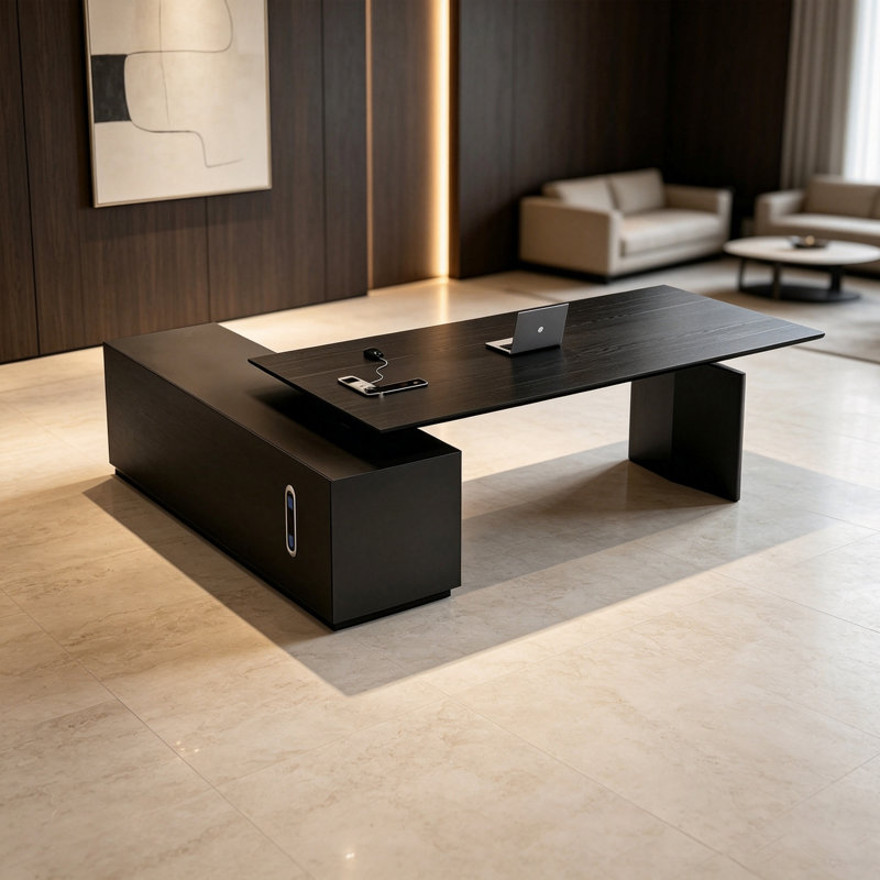 Bureau italien de luxe léger noir en forme de L, 220 cm (86,61 po), à double moteur et hauteur réglable, plateau en bois massif, caisson latéral de rangement multifonctionnel, prise de courant intégrée, chargeur sans fil, tiroir verrouillable