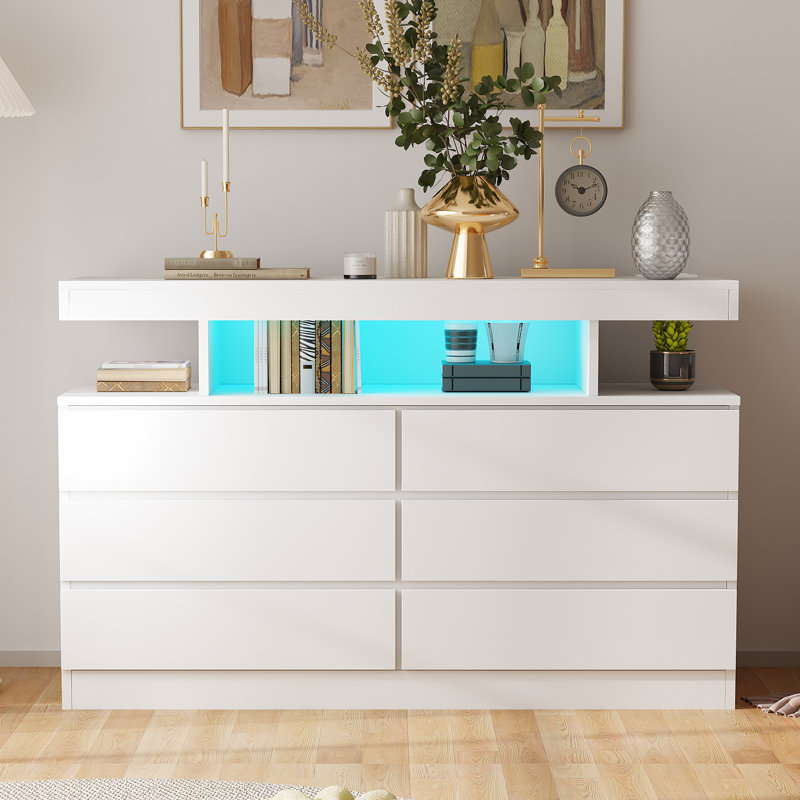 6 Drawer Dresser with Charging Station and LED Lights, White