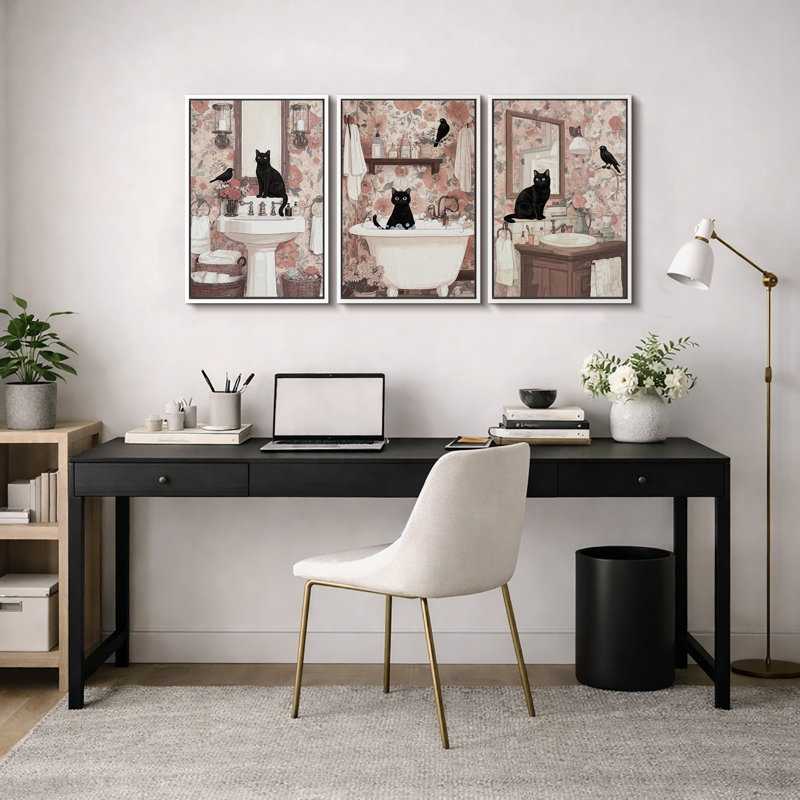 «Whimsical Cat», art floral rétro et photos de salle de bain, impression sur toile encadrée, 3 pièces, Cadre blanc