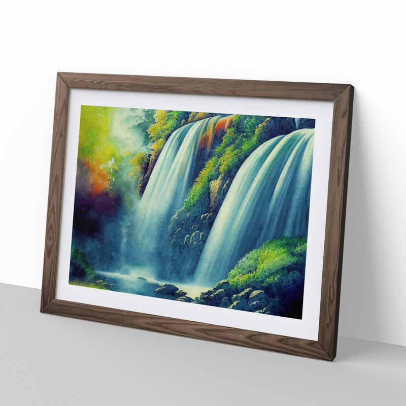 Watercolour Waterfall - Single Picture Frame Print, 34cm H x 46cm W, Walnut
